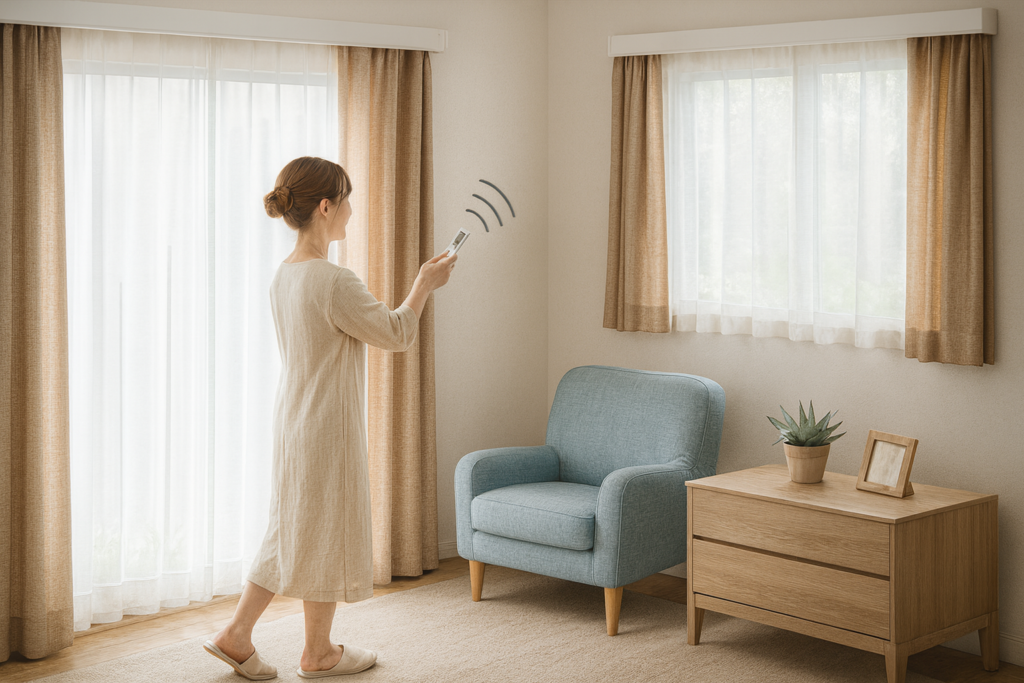 大きな窓や複数ある窓、家具の後ろにある窓など電動カーテンレールなら簡単に操作できます